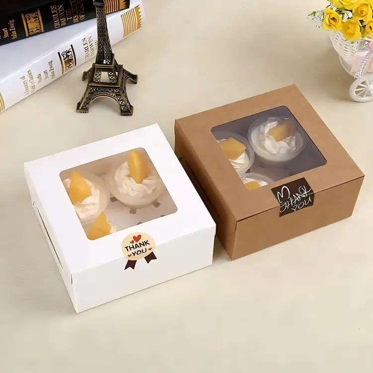 White and kraft paper square window cake boxes with custom brand stickers, dessert gift box display.